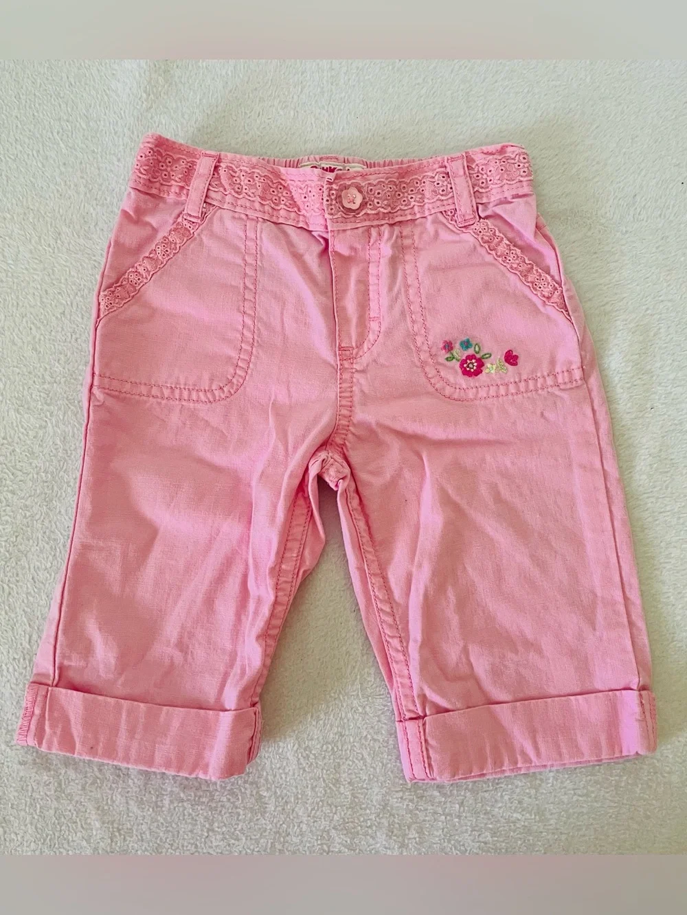 Oshkosh Bgosh Baby Girl Pants 18 M Pink Embroidered Flowers Spring Summer Casual
